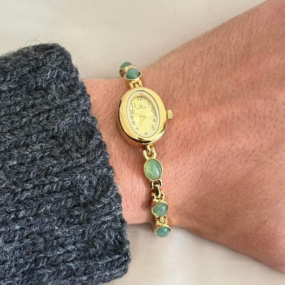 Dainty Gold and Green Stone Y2k stainless steel quartz charm watch